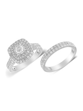 1.5 cttw Cushion Double Halo Diamond Bridal Ring Set (I-J, I2-I3) in 10K White Gold for Engagement and Wedding
