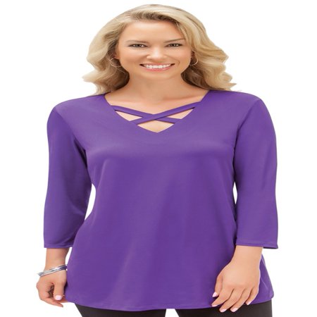 Women Clothing Made In Usa Women's Lattice V-Neck 3/4 Sleeve Long Tunic Top, Made in the USA, Medium, Purple - Made in the USA ()