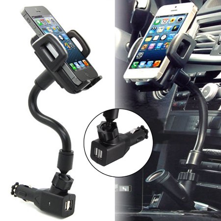 Aftermarket Car Charger - 3-in-1 Cigarette Lighter Phone Holder Cradle Gooseneck Car Mount Charger w/ Dual USB 5V 2A Charging Ports for iPhone XS X 8 8 Plus 7 7 Plus 6 6s Plus, for Samsung Galaxy S10 S9 S8