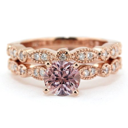 1.25 carat Round Cut Morganite and Diamond Halo Bridal Set in Rose Gold: Bestselling Design Under Dollar