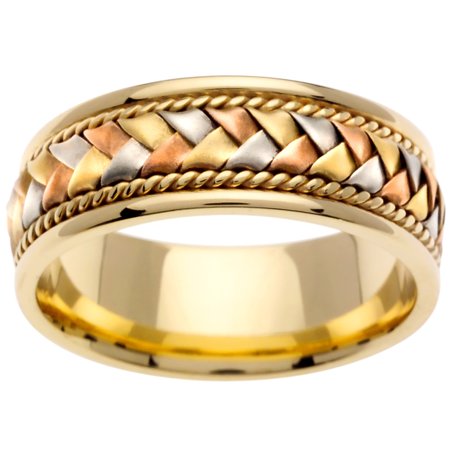 - 18K Tri Color Gold Basket Braid Handmade Comfort Fit Women's Wedding Band (8.5mm)