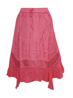 Mogul Women's A- Line Skirt Pink Embroidered Medieval Rayon Skirts