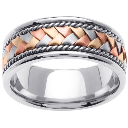 - 18K Tri Color Gold Basket Braid Handmade Comfort Fit Women's Wedding Band (8.5mm)
