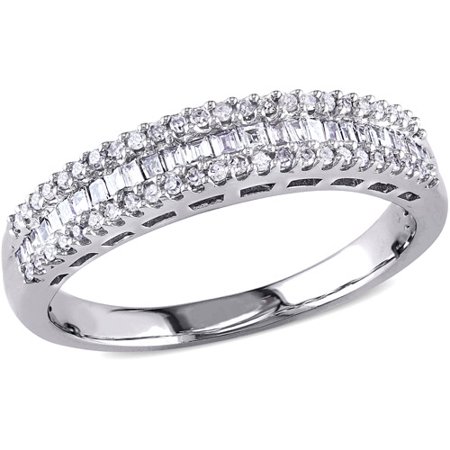 - Miabella 1/3 Carat T.W. Parallel Baguette- and Round-Cut Diamond 14kt White Gold Three-Row Semi-Eternity Anniversary Ring