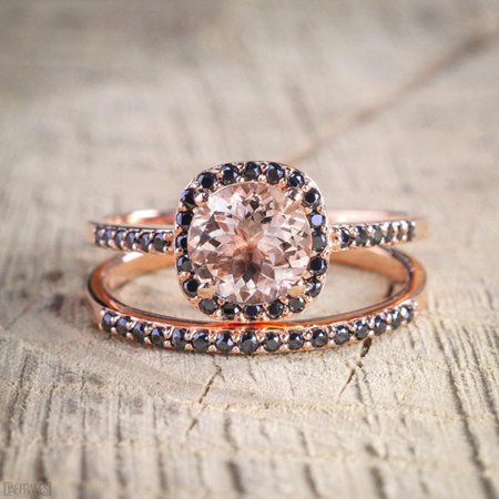 Black Diamond Gold Wedding Rings - Sale: 1.50 Carat Peach Pink Morganite (Round cut) and Black Diamond Engagement Bridal Wedding Ring Set in 10k Rose Gold