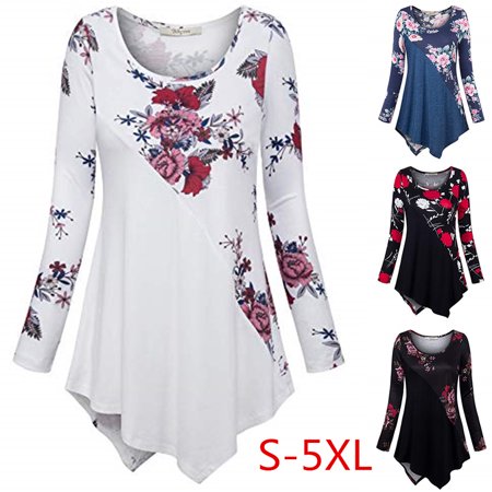 Solid Pullover High Collar Fashion Women T-shirts Plus Size Casual Printing Loose Long Sleeve Hem Asymmertrical Irregular T-shirt Round Collar Pullover Tops S-5XL ()