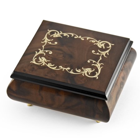 - Classic Walnut Stain Arabesque Wood Inlay Music Box - Aloha Oe, H.M.O - SWISS