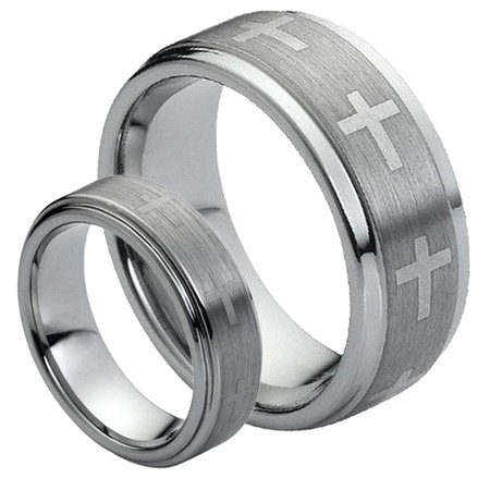 - For Him & Her 8MM/6MM Tungsten Carbide Brushed Center With Cross Design Wedding Band Ring Set