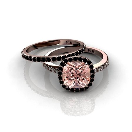 Round Diamond Wedding Set Ring - 2 Carat Round cut Real Morganite and Diamond Bridal Wedding Ring Set with Engagement Ring and Wedding Band in 18k Gold Over Silver