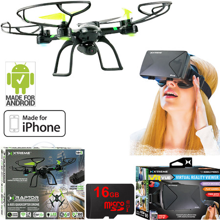 Xtreme Ready-To-Fly 2.4Ghz 6 Axis Gyro Aerial Quadcopter Drone with Camera (05461) with Bundle Includes VR Vue Virtual Reality Viewer for Smartphones + 16GB MicroSD Memory (Best Commercial Drones For Sale)