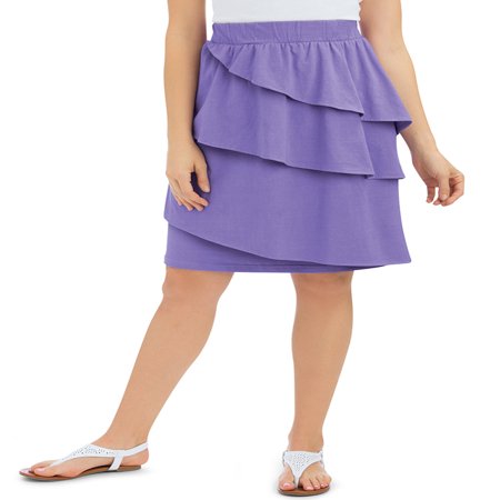 3 Tier Skirt Women's Cotton Ruffled Knee Length Skirt with Three Asymmetrical Tiers with Elastic Waistband, X-Large, Lilac ()
