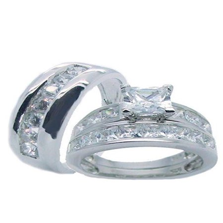 Cubic Zirconia Silver Wedding Ring - His Hers Sterling Silver Princess Cut Cz Wedding Ring Set