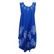 Mogul Boho Style Tank Dress Blue Ethnic Print Sleeveless Round Neck Tunic Dresses