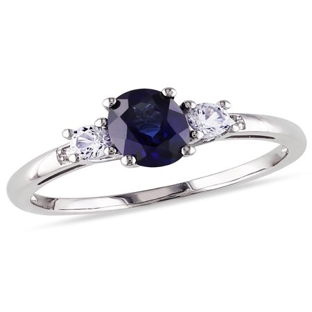 1-3/5 Carat T.G.W. Oval and Round-Cut Created Blue and White Sapphire and Diamond-Accent 10kt White Gold 3-Stone Engagement
