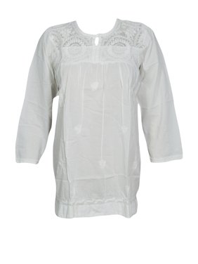Mogul Indian Style Ethnic White Cotton Tunic Blouse Floral Embroidered Long Sleeves Hippie Chic Kurti Kurta S/M