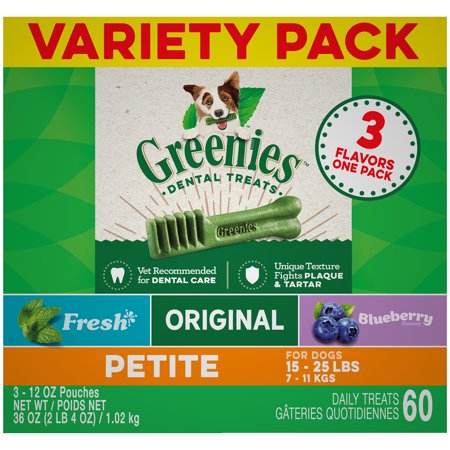 - Greenies Petite Natural Dog Dental Chews, 3-Flavor Variety Pack, (3) 12 oz. Pouches