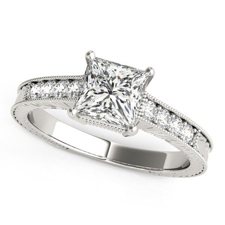 - 14K White Gold Antique Style Pronged Princess Cut Diamond Engagement Ring (1 1/8 ct. tw.) Size - 6