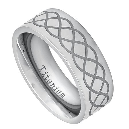 Laser Design Wedding Band - 8mm High Polished Titanium Pipe-cut with Laser Engraved Infinity Design Wedding Band Ring For Men Or Ladies