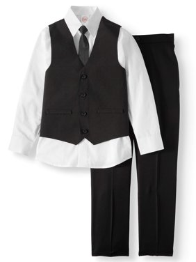 Dressy Set with Pinstripe Vest, White Dress Shirt, Skinny Tie, and Black Pull-On Pants, 4-Piece Outfit Set (Little Boys & Big Boys)