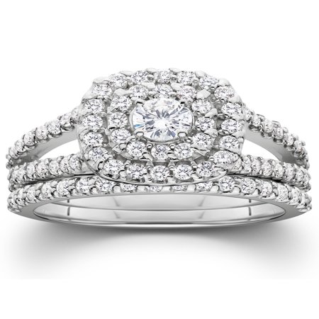 Halo Wedding Set - Pompeii3 1 1/10ct Cushion Halo Solitaire Diamond Engagement Wedding Ring Set White Gold