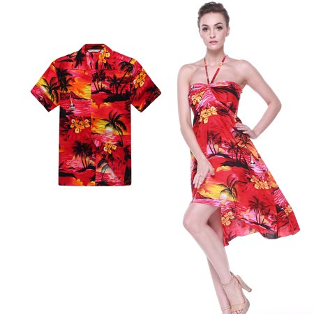 Couple Matching Hawaiian Luau Party Outfit Set Shirt Dress in Sunset Red Men M Women XL