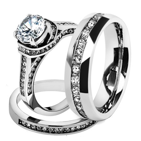 3 Piece Ring Set His & Hers Stainless Steel 3 Piece Cz Wedding Ring Set and Eternity Wedding Band Women's Size 10 Men's 06mm Size 11 ()