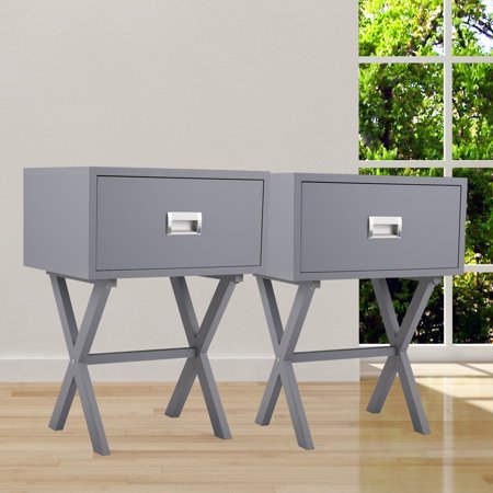 Classic Rattan Bedside Table Jaxpety 2PCS End Side Table Nightstand Storage w/ Drawer and Beam Home Decor Furniture Bedside Gray ()