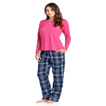Ashford & Brooks Womens Cotton Long-Sleeve Top and Flannel Bottom Pajama Set - Navy/blue - Large