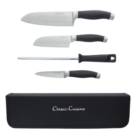 Hardened Steel Knife Professional Chef 5 Piece Knife Set, Stainless Steel Hand Forged Knives with Sharpening Steel and Zip Closure Storage Travel Bag by Classic Cuisine ()