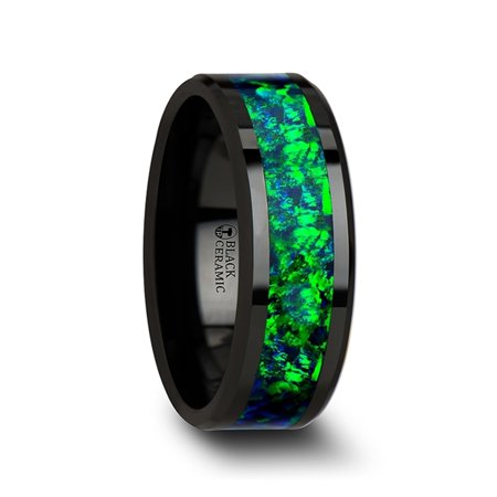 Pulsar Black Ceramic Wedding Band With Beveled Edges And Emerald Green Sapphire Blue Color Opal