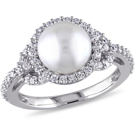 - 8.5-9mm White Cultured Freshwater Pearl and 1 Carat T.G.W Cubic Zirconia Halo Sterling Silver Ring