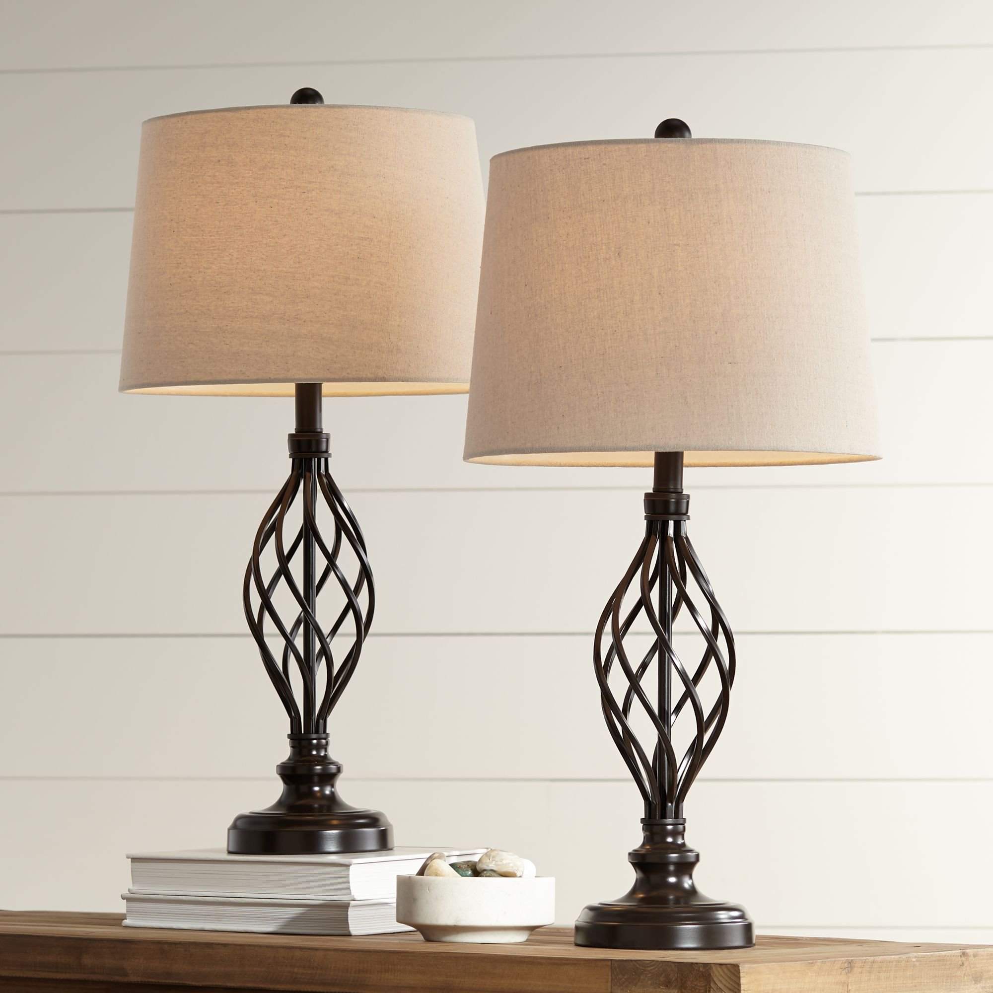 Franklin Iron Works Traditional Table Lamps Set Of 2 Bronze Scroll Tapered Cream Drum Shade For Living Room Family Bedroom