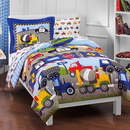 Reversible Total Bed Set - Dream Factory Kids Trucks & Transportation Twin Bed in a Bag Bedding set w/ Reversible Comforter