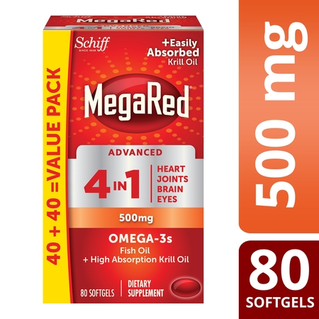 MegaRed Advanced 4 in 1 Omega-3 Fish Oil + Krill Oil Softgels, 500 Mg, 80 (Best Krill Oil Brand)