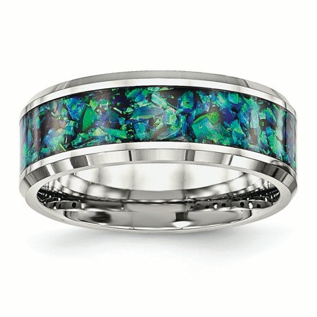 Blue Opal Wedding Set - Chisel Stainless Steel Polished with Blue Imitation Opal 8 MM Wedding Band, Size 10.5