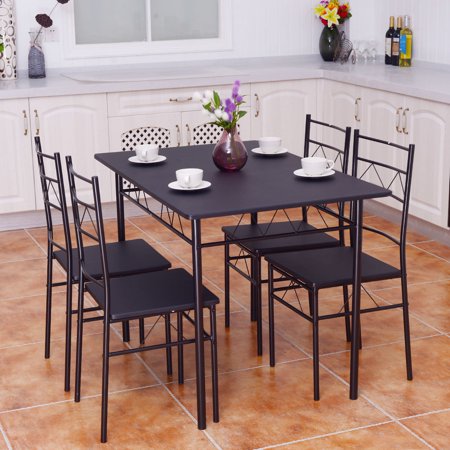 - Costway 5 Piece Dining Table Set 4 Chairs Wood Metal Kitchen Breakfast Furniture Black