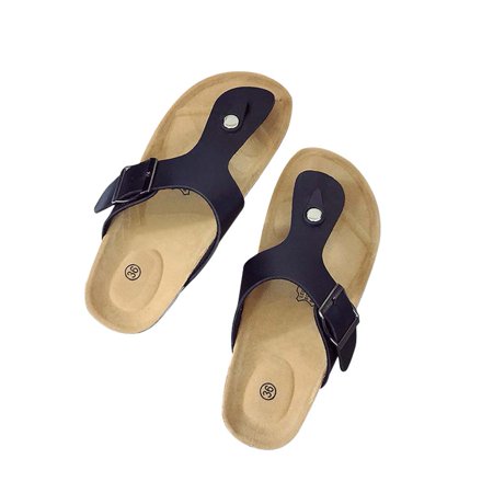 Leather Thong Slides Phoebecat Sandals for Women, Women's Thong Flip Flop Flat Casual Cork Sandals for Ladies, Black Summer Beach Soft Adjustable Buckle Flat Open Toe Slide Shoe for Girls,US-9 ()