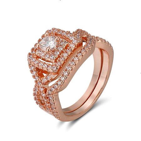 Rose Gold Pave Ginger Lyne Collection Frances Exquisite Halo Pave Rose Gold Plated Wedding Ring Set ()