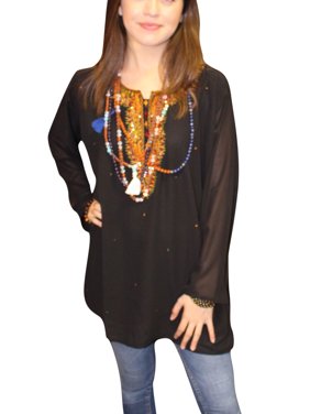 Mogul Women's Solid Black Neck Embroidered Tunic Top L