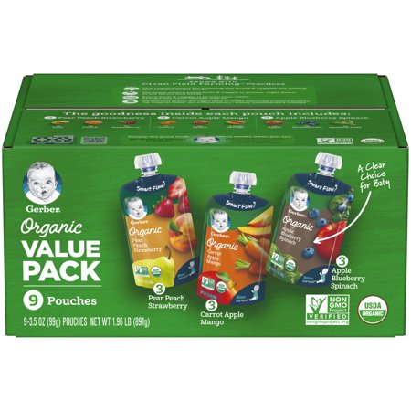 Gerber Organic 2nd Food Pouches Pear Peach Strawberry, Carrot Apple Mango & Apple Blueberry Spinach Fruit & Veggie Pouches Value Pack 9-3.5 oz. (Best Pears For Baby Food)