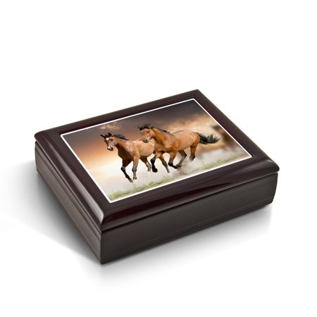 Horse Tile Box - A Pair Of Competitive Wild Horses Tile Musical Jewelry Box - Aquarius - SWISS