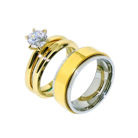 His Hers Couple Solitaire CZ 14K Gold Plated Wedding Ring set Mens Gold Plated Spinning Band- Size