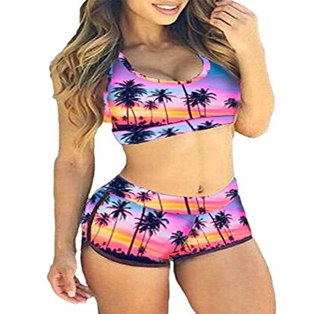SAYFUT Fashion Print Tank Sports Bikini Set Boyshort Padded Swimsuit Bathing Suits for