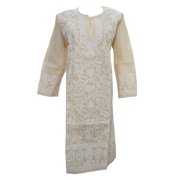 Mogul Womans Caftan Dress Beige Lucknowi Hand Embroidered Cotton Kurti Tunic