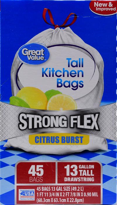 Great Value Strong Flex Tall Kitchen Drawstring Trash Bags, Citrus Burst, 13 Gallon, 45
