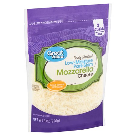 Great Value Finely Shredded Low-Moisture Part-Skim Mozzarella Cheese, 8 ...