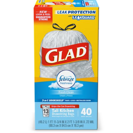 Glad Bag - Glad Tall Kitchen Drawstring Trash Bags - OdorShield 13 gal Grey Trash Bag, Febreze Fresh Clean - 40 ct