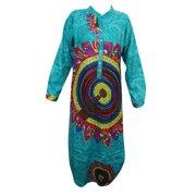 Mogul Women's Cotton DRESS Green Printed Long Sleeves Ethnic Indian Tunic