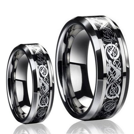 - For Him & Her 8MM/6MM Tungsten Carbide Celtic Dragon Inlay Wedding Band Ring Set