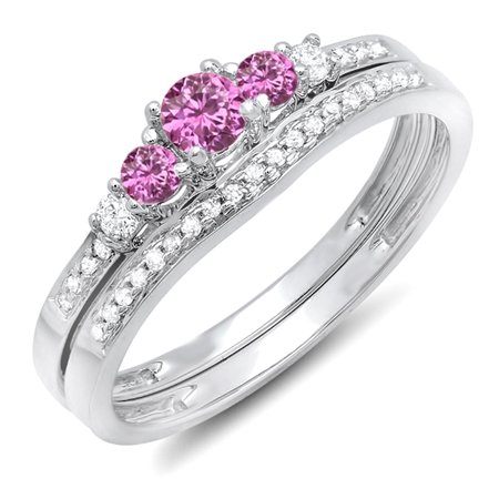 Sapphire Five Stone Ring - Dazzlingrock Collection 10K Round Pink Sapphire And White Diamond 5 Stone Bridal Engagement Ring Set, White Gold, Size 5